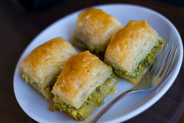 Turkish food: a plate of pistachio (fistik) baklava.