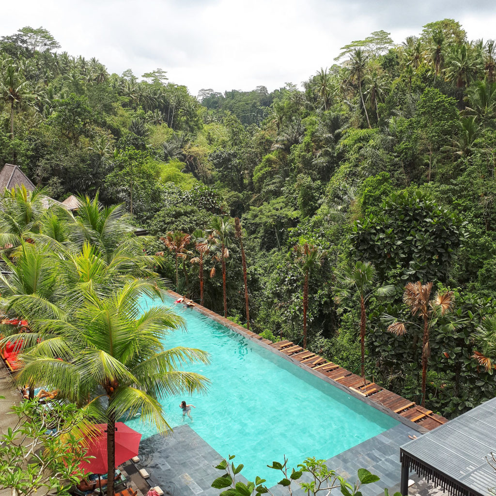 The infinity pool at Jungle Fish Bali hangs over an impressive gorge.