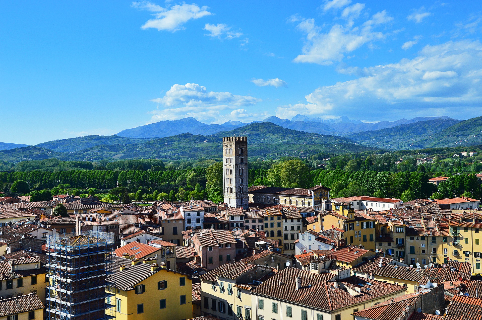 Rooftops, hills and towers of Lucca in Tuscany.