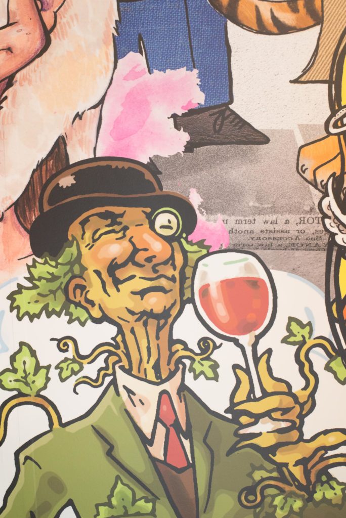 Mural of a monocled wine drinker at the D'Arenberg Cube.