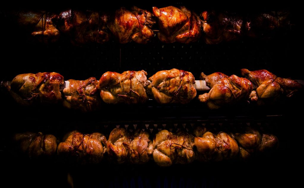 Rotisserie chickens roasting on a spit - courtesy Pixabay.